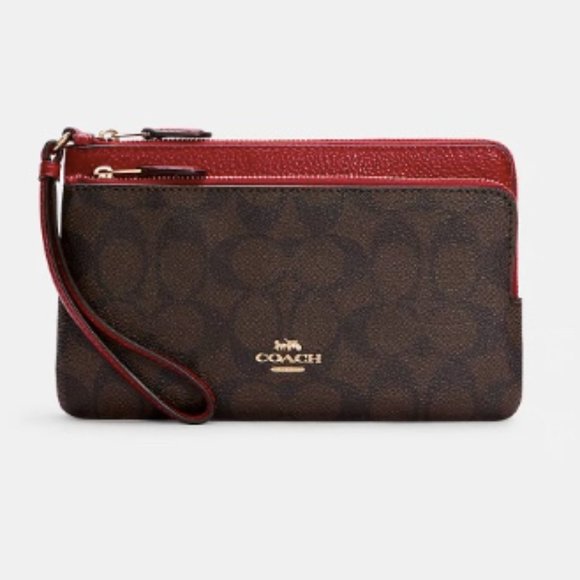 Coach Handbags - Coach Double Zip Wallet Signature Canvas Gold/ Brown/ Red